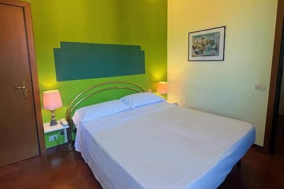 A single-bed room with a green accent wall, a bedside lamp, and a framed picture on the wall.