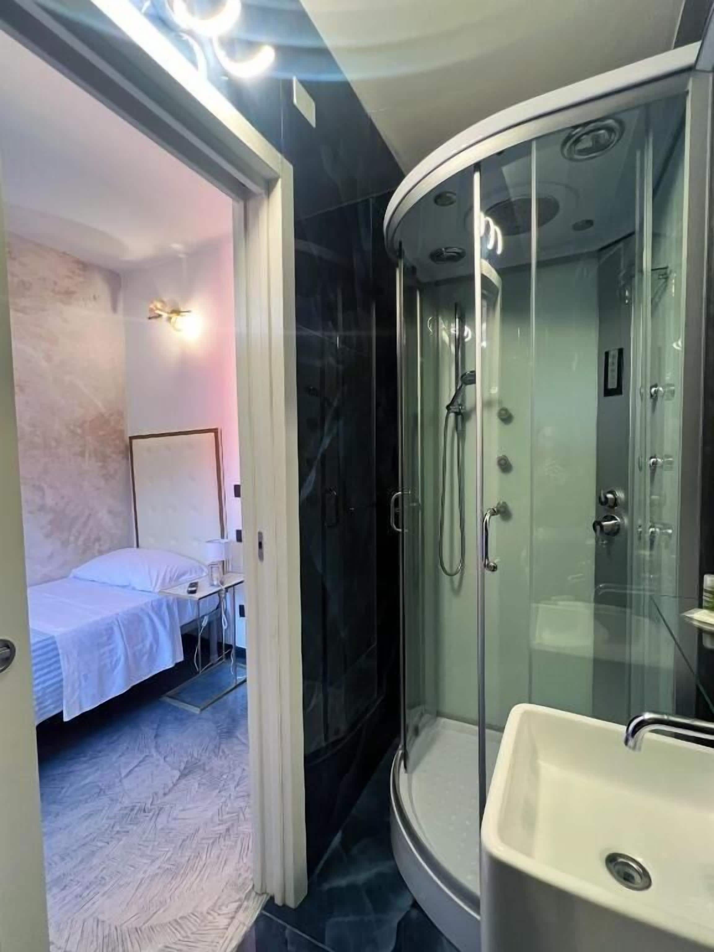 Shower, towels, soap, shampoo