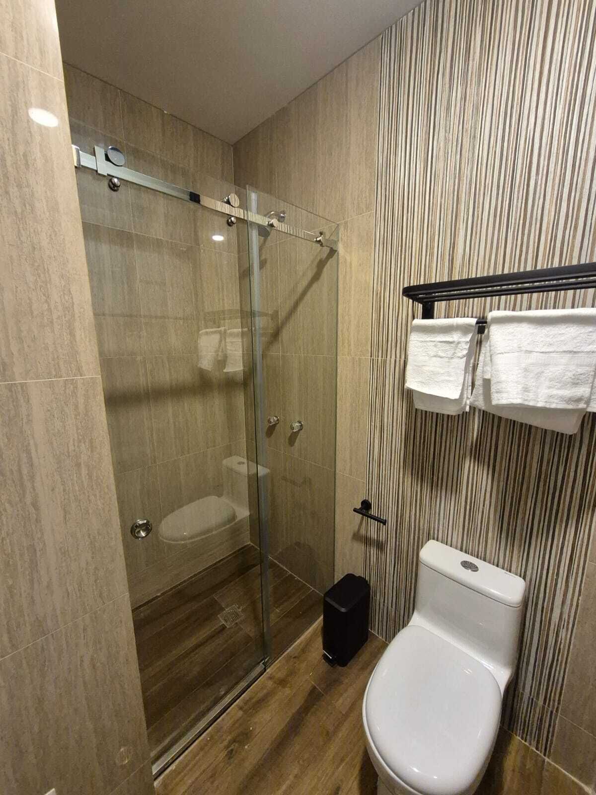 A modern bathroom with a glass-enclosed shower, a toilet, and a towel rack.
