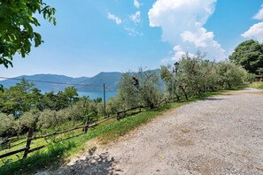 Ein Kiesweg parallel zu einer Hecke mit Bäumen, der zu einem Gewässer mit Bergen im Hintergrund führt.