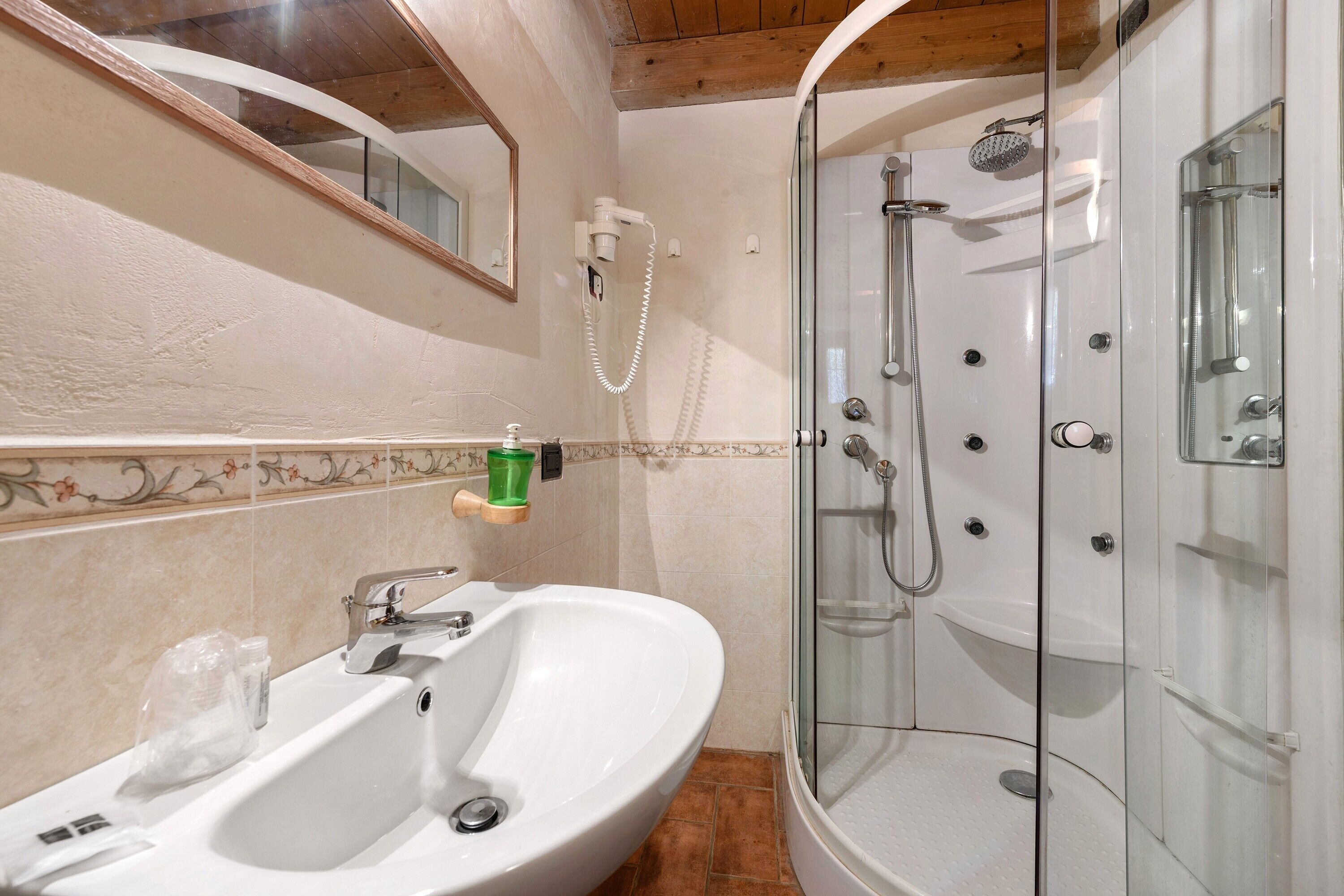Shower, hair dryer, towels