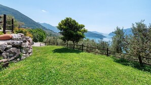 A grassy hillside with a stone wall, a wooden fence, and a tree. - Room 'Stanza 5' with Mountain View, Wi-Fi and Air Conditioning (Marone)