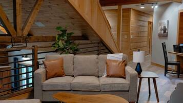 Una televisión, una chimenea, libros, una oficina