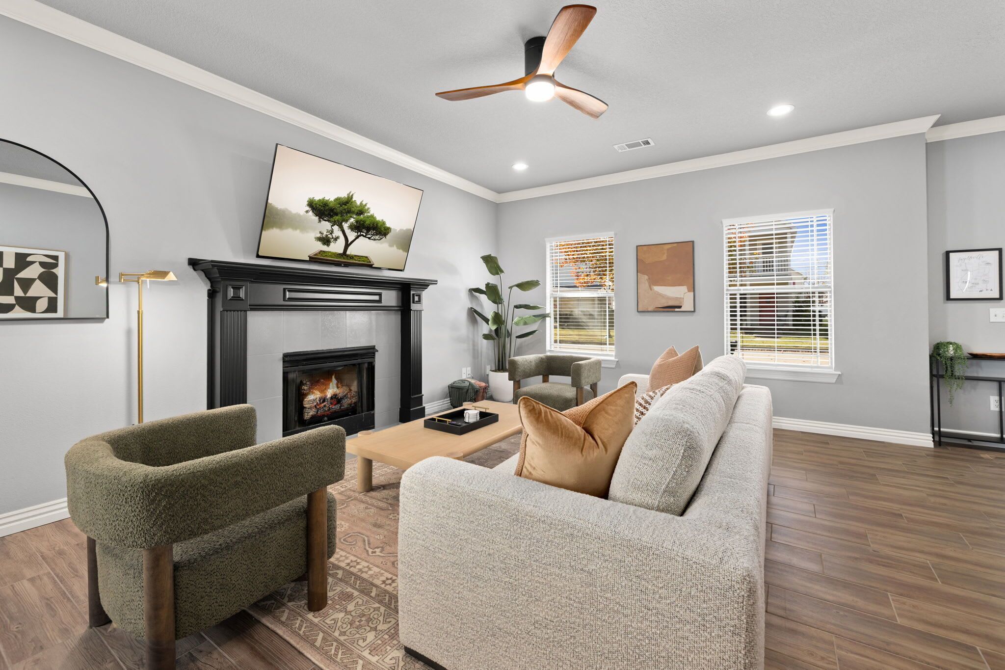 TV, fireplace, offices