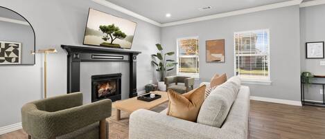 TV, fireplace, offices