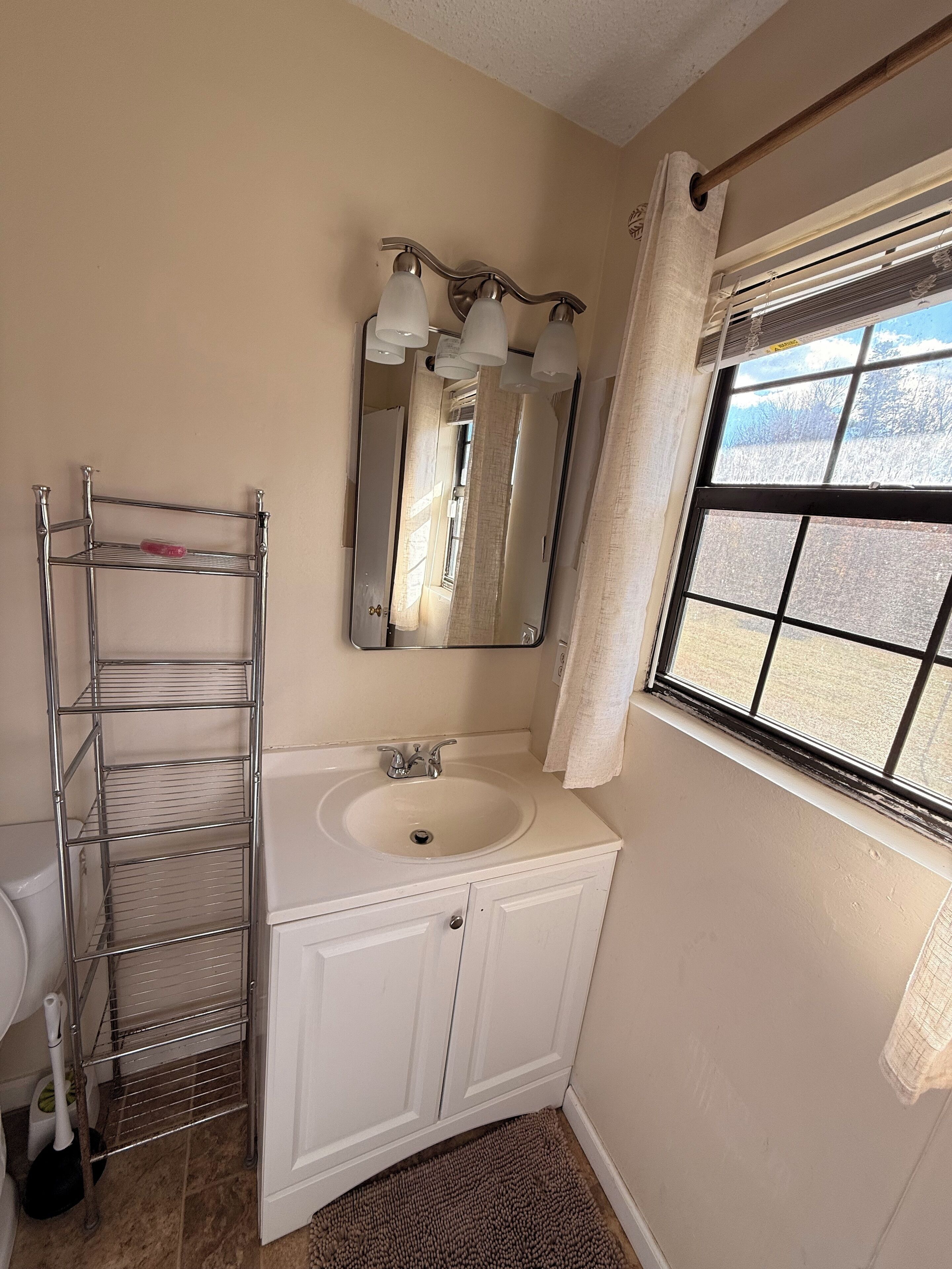 Une salle de bain avec un lavabo blanc, un miroir et une étagère en métal.