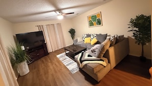 A living room with a flat-screen TV, a ceiling fan, a grey sofa with cushions, a coffee table, and a potted plant.