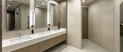 Shower, hair dryer, bidet, towels