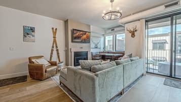 Télévision, cheminée, espaces bureaux