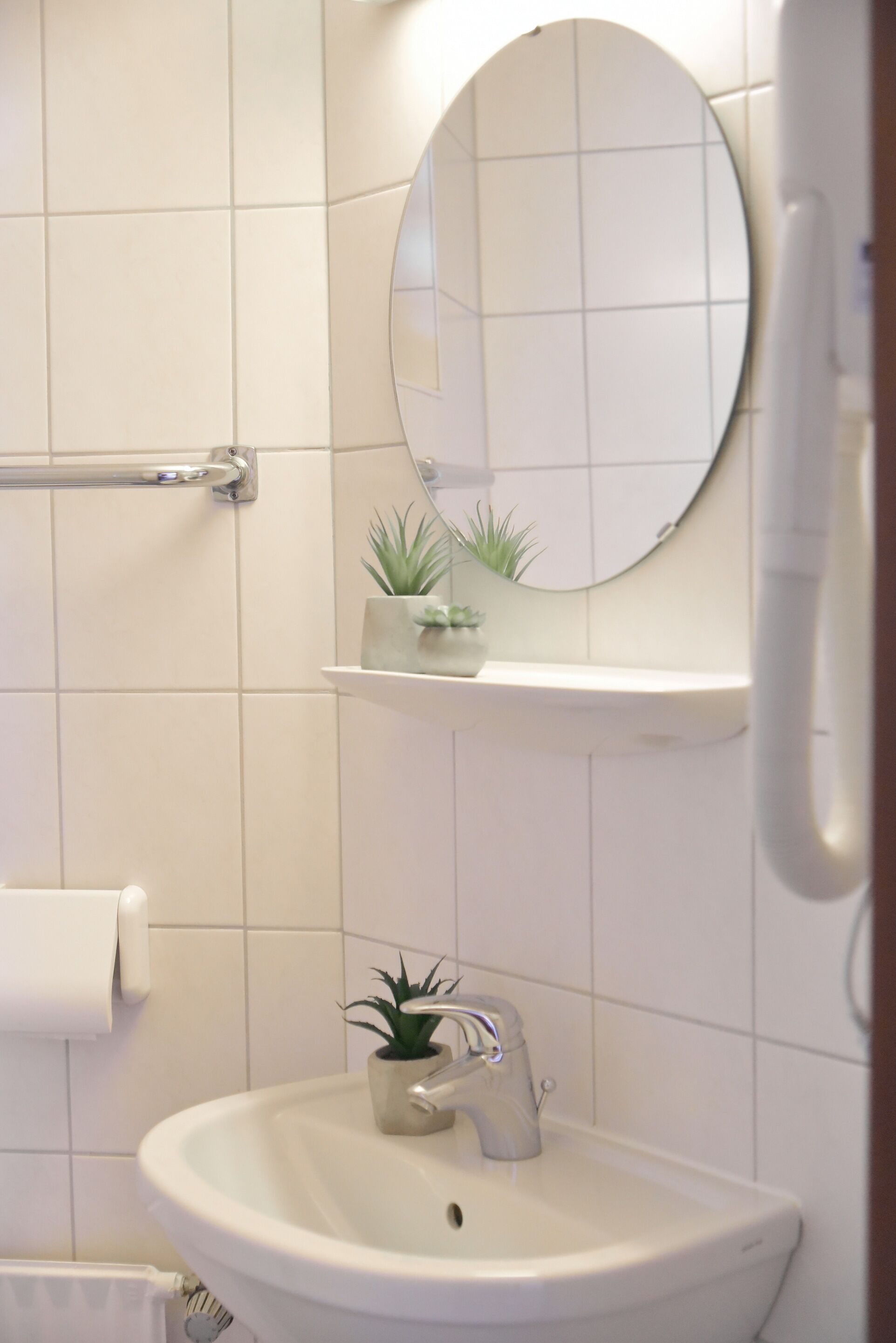 A bathroom with a white sink, a round mirror, and a small shelf with a plant.
