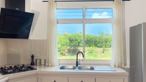 A kitchen with a gas stove, a sink, and a window with curtains. - Habitation Yucca à 5 min de la plage (Le Moule)