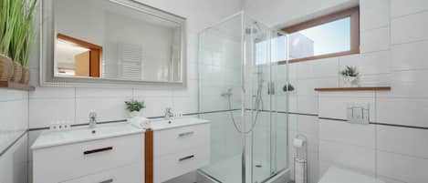 Regadera, secadora de cabello, toallas, shampoo