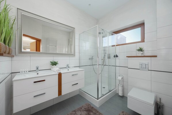 Shower, hair dryer, towels, shampoo