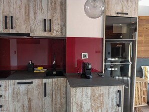 Basic Apartment | Private kitchen | Fridge, microwave, stovetop, cookware/dishes/utensils