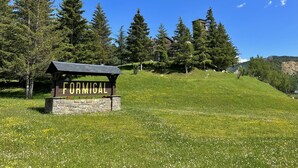 Un panneau indicateur portant l’inscription « FORMIGAL », entouré d’un champ verdoyant parsemé de fleurs sauvages et d’arbres.