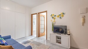 A living room with a sofa, TV, and decorative items. - Bijoux in the Centre of Sanremo by Wonderful Italy (Sanremo)