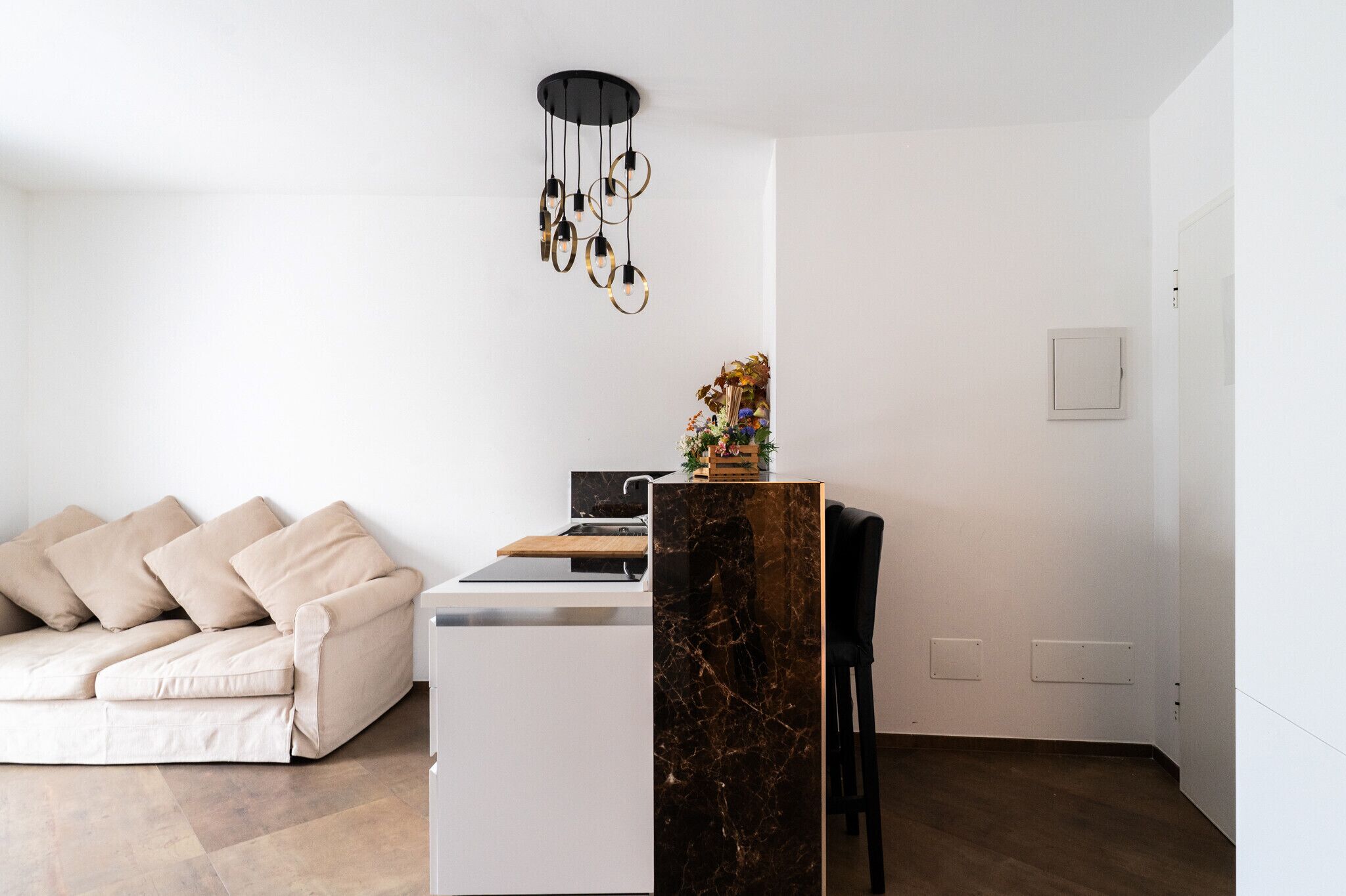 Un salon moderne avec un canapé, une table basse et une plante décorative.