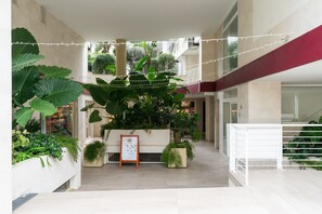 A spacious indoor area with large potted plants, a white railing, and string lights. - Martino's Home by Wonderful Italy (Polignano a Mare)