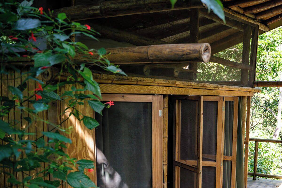 Una baita di legno con un portico coperto e porte scorrevoli in vetro.