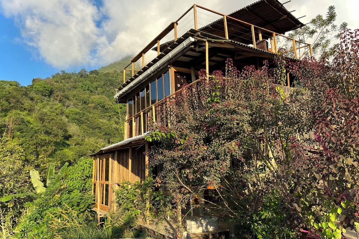 Un edificio in legno su più piani con ampie finestre, circondato da vegetazione lussureggiante e con montagne sullo sfondo.