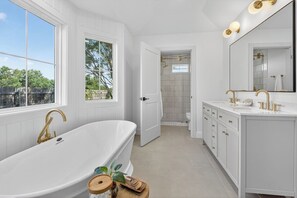 Hair dryer, towels, soap, shampoo