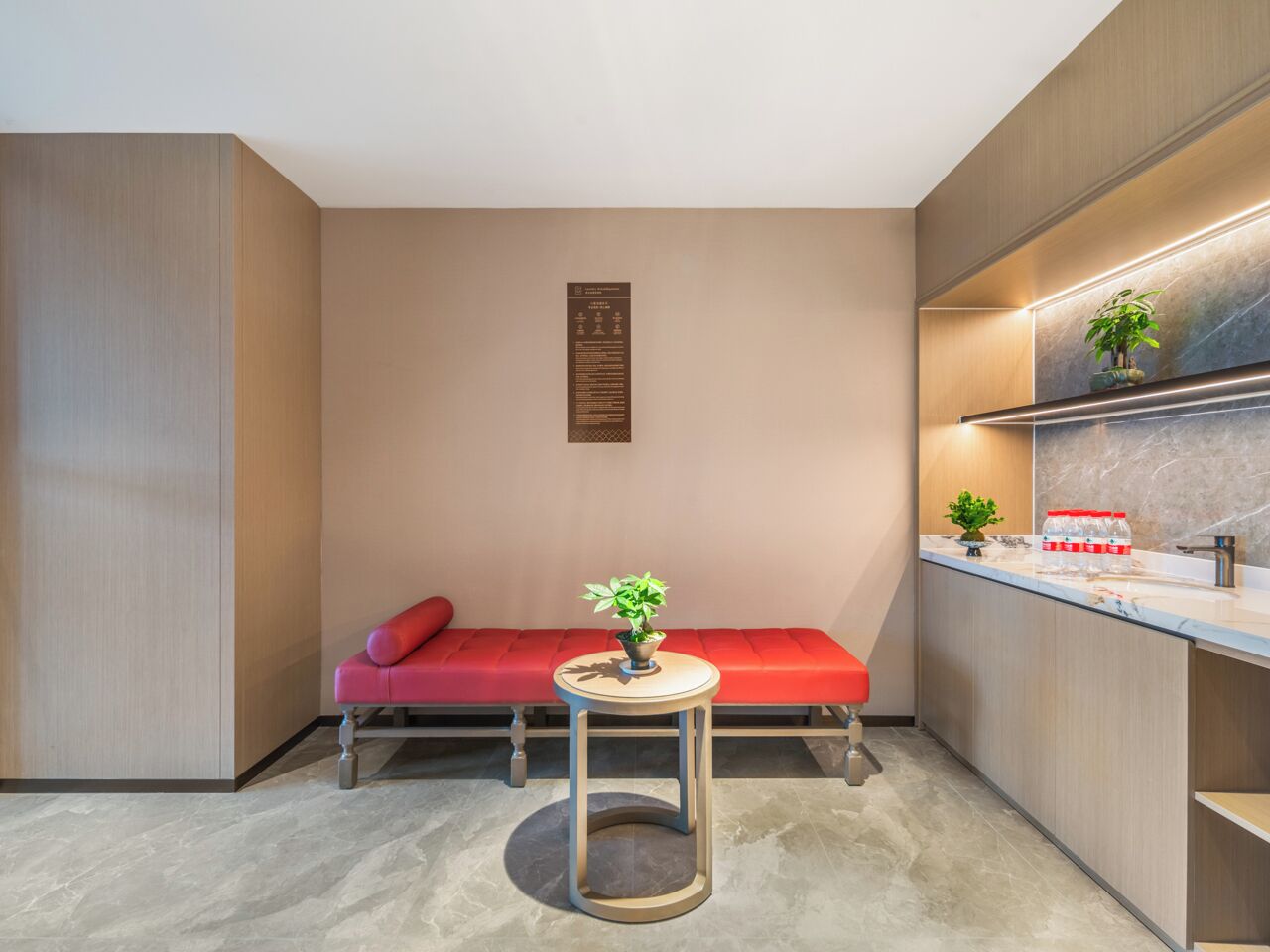A compact room with a red sofa, a small round table with a plant, and a kitchen area with a marble countertop.