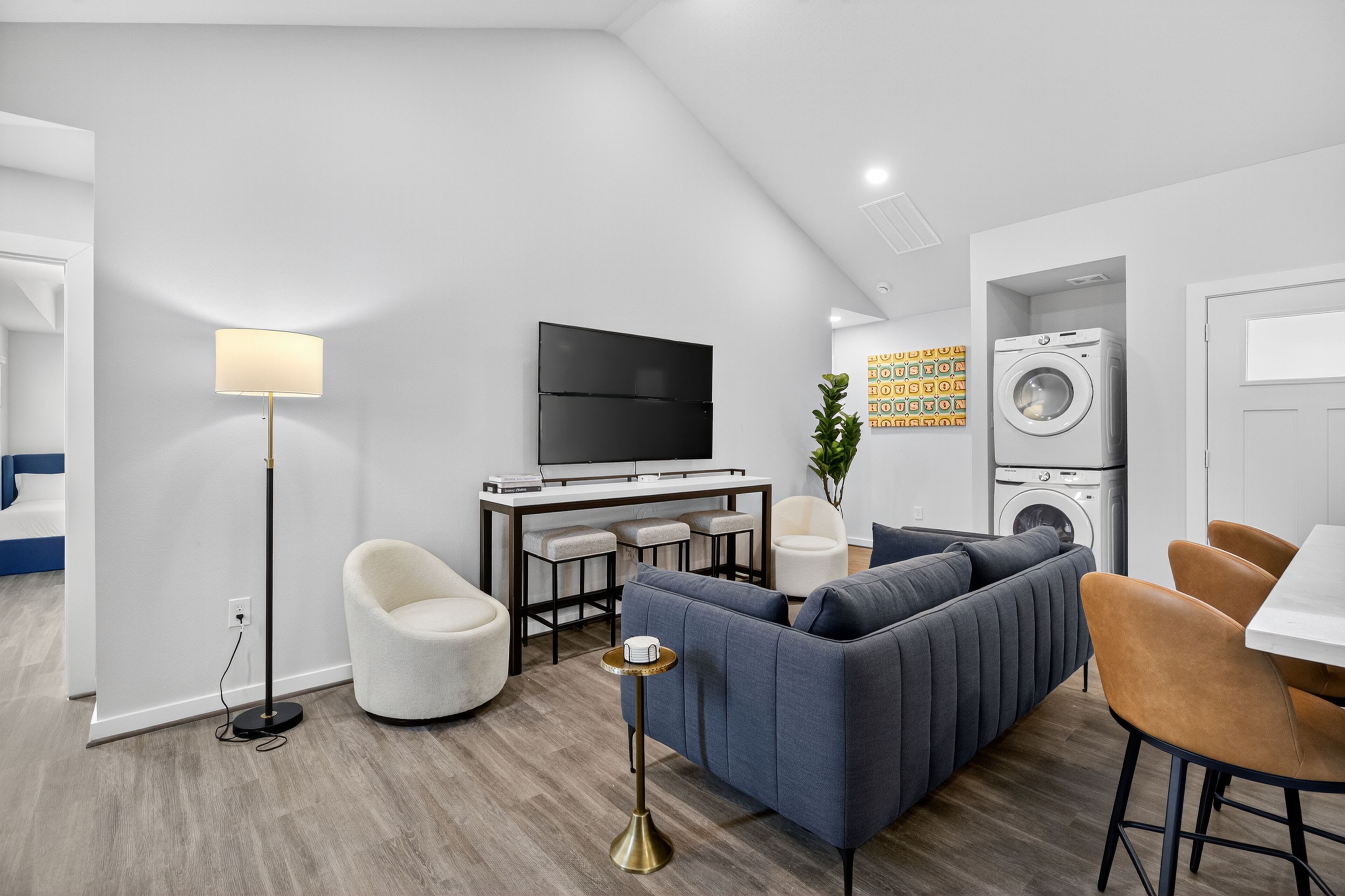 A modern living room with a sofa, chairs, a TV, a coffee table, and a washing machine.