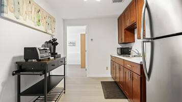 Fridge, microwave, coffee/tea maker, toaster