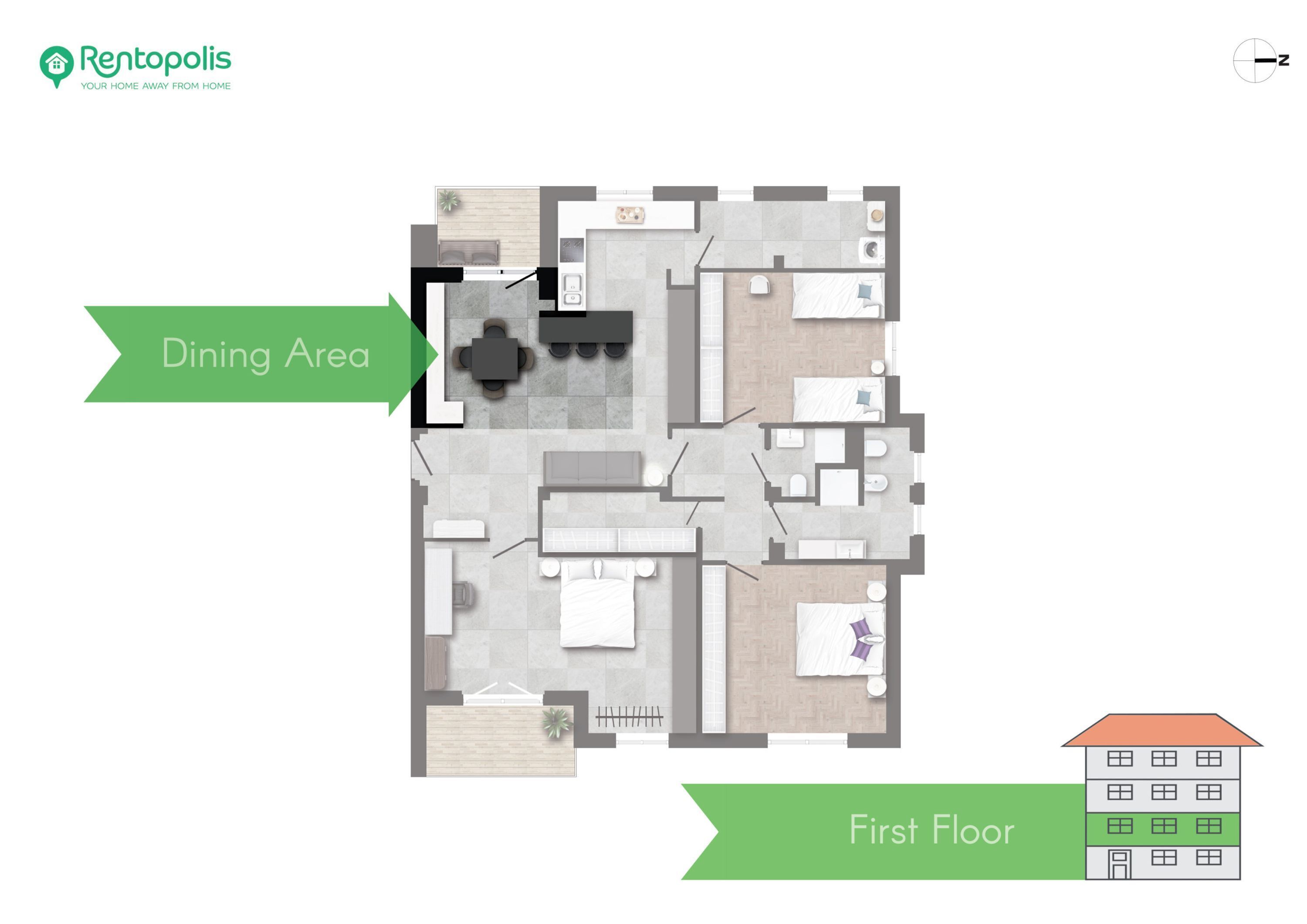 A first-floor layout of a residential property with a dining area, multiple bedrooms, bathrooms, and a kitchen.