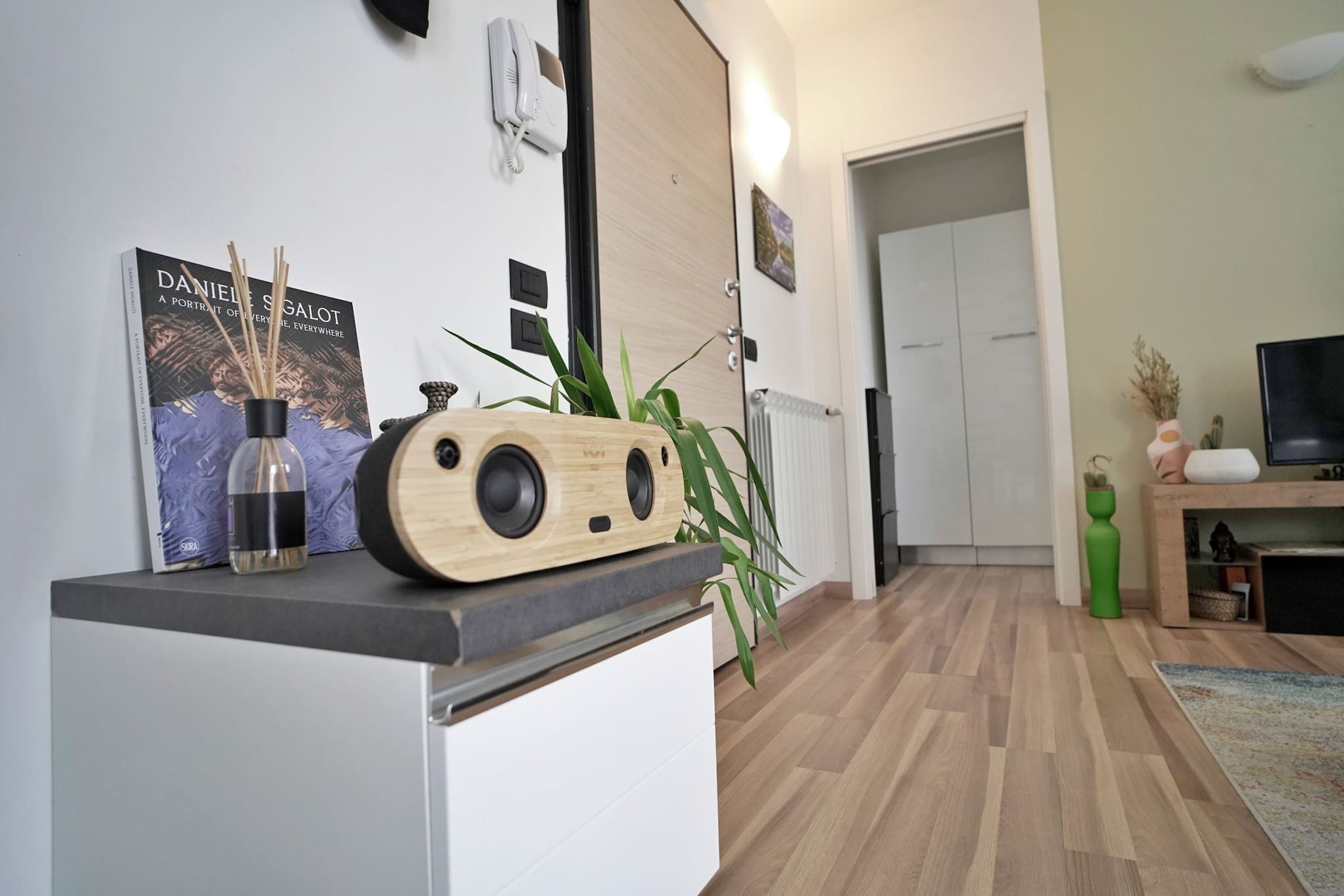 A modern living room with a wooden floor, a coffee table with a vase and a book, a green plant, and a television on a stand.
