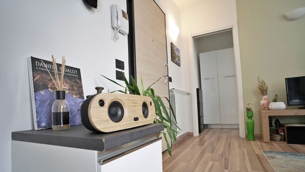 A modern living room with a wooden floor, a coffee table with a vase and a book, a green plant, and a television on a stand. - Palazzo Candiani - Modern Split-level 1BR Apartment Near Politecnico (Milan)
