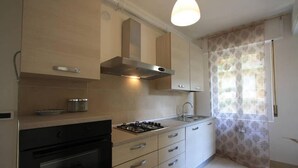 Een moderne keuken met een gasfornuis, oven en RVS kasten.
