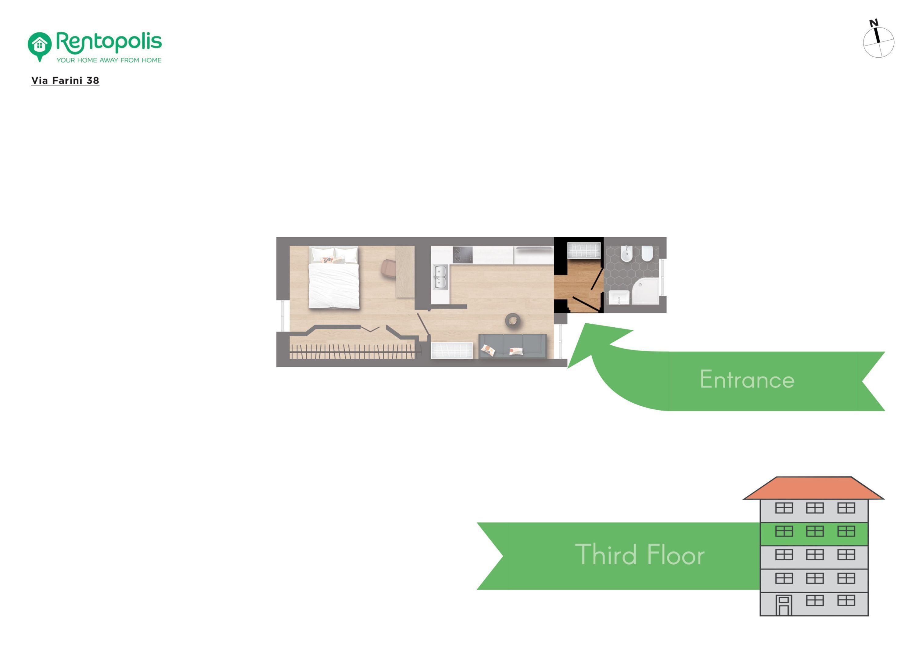 A floor plan of a 3rd floor apartment with an entrance, a living room, a kitchen, a bathroom, and a bedroom.