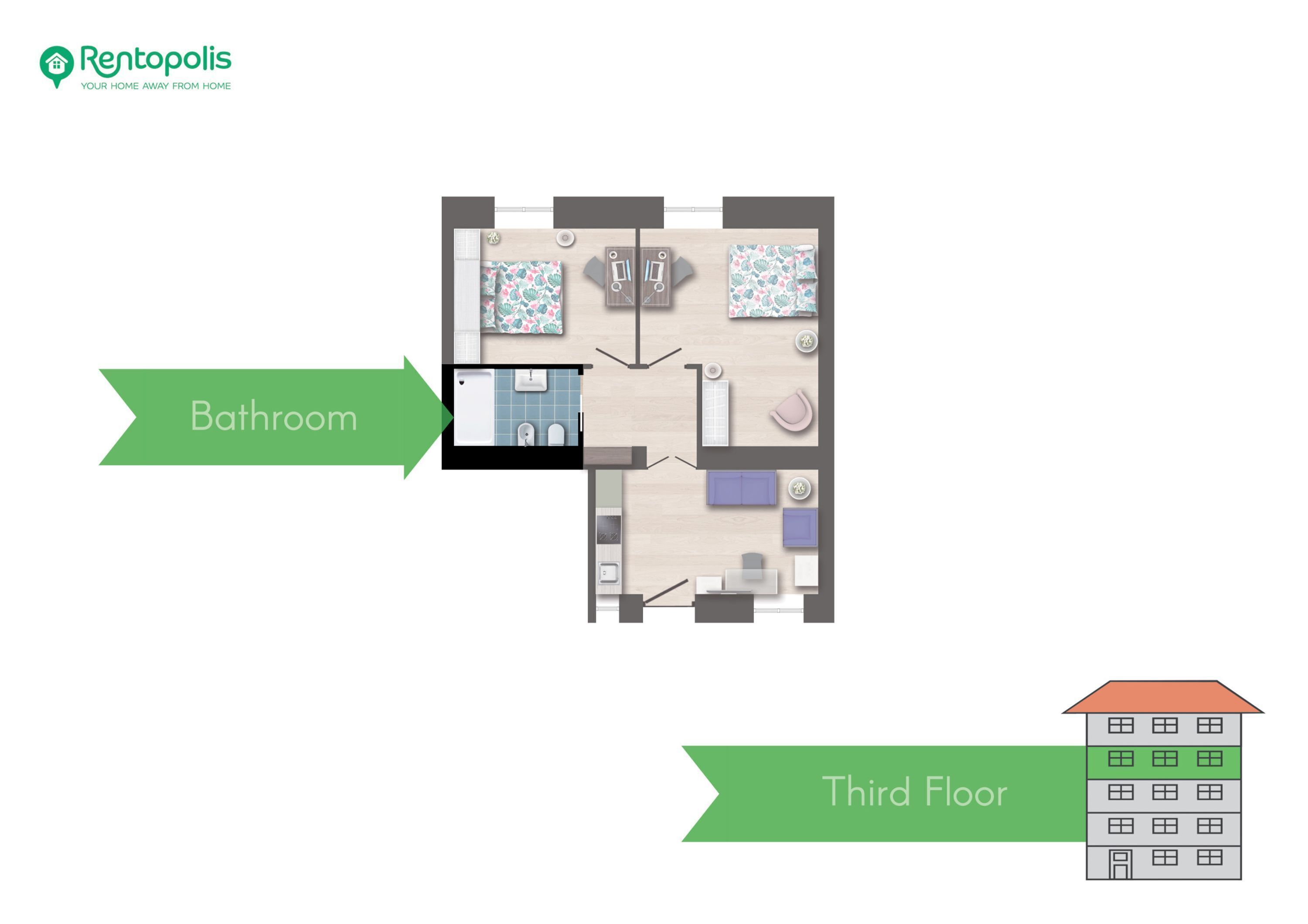 Een plattegrond van een appartement op de derde verdieping, met een badkamer, woonkamer en keuken.