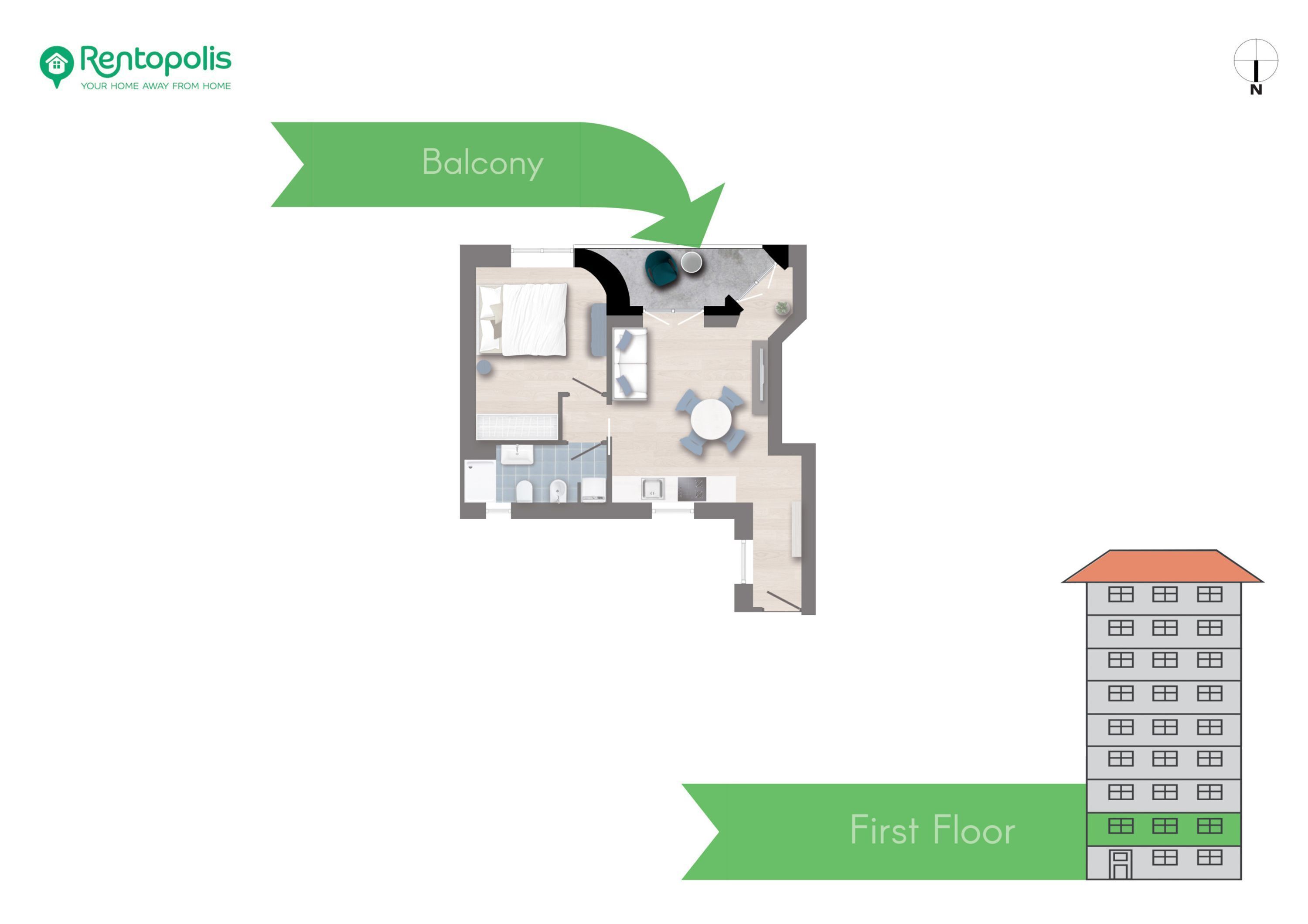 A 2D floor plan of a residential building with a balcony and a first-floor layout.