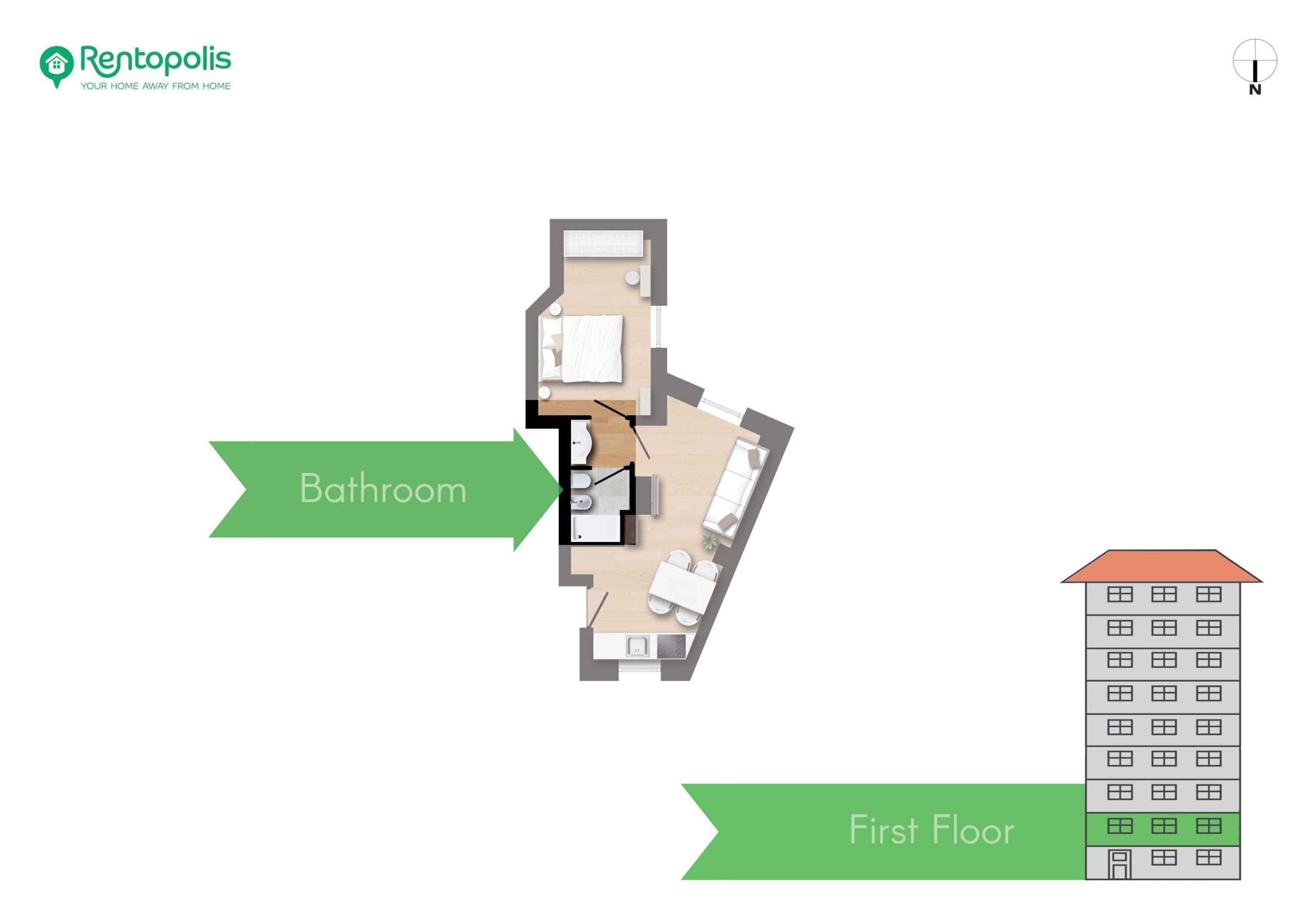 Un plan d’étage en 2D d’un appartement résidentiel comprenant une salle de bain, un salon et un coin repas.