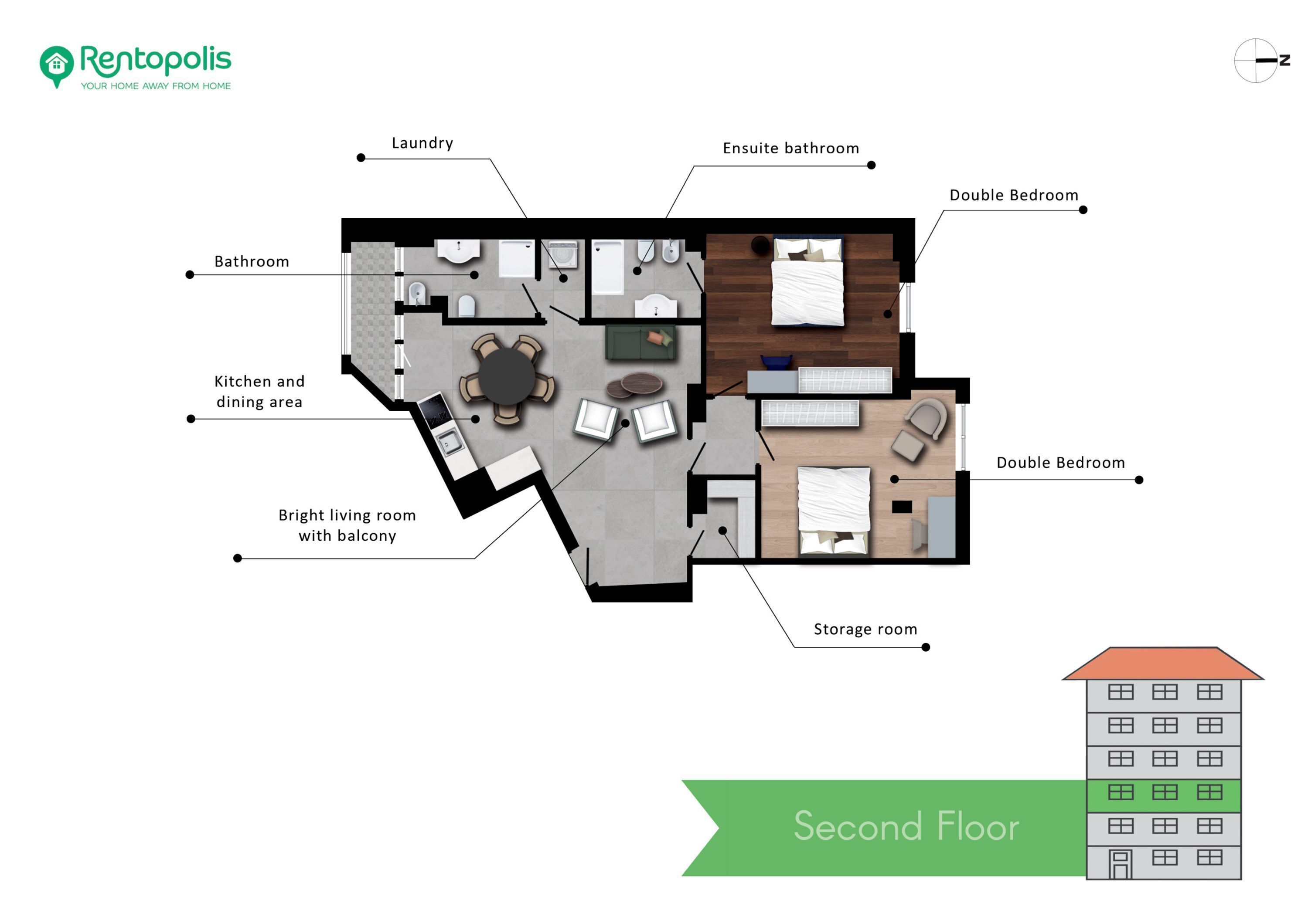 Distribución de un apartamento en un segundo piso, con sala de estar luminosa y balcón, baño privado, dormitorio doble, cuarto de almacenamiento, lavandería y cocina-comedor.