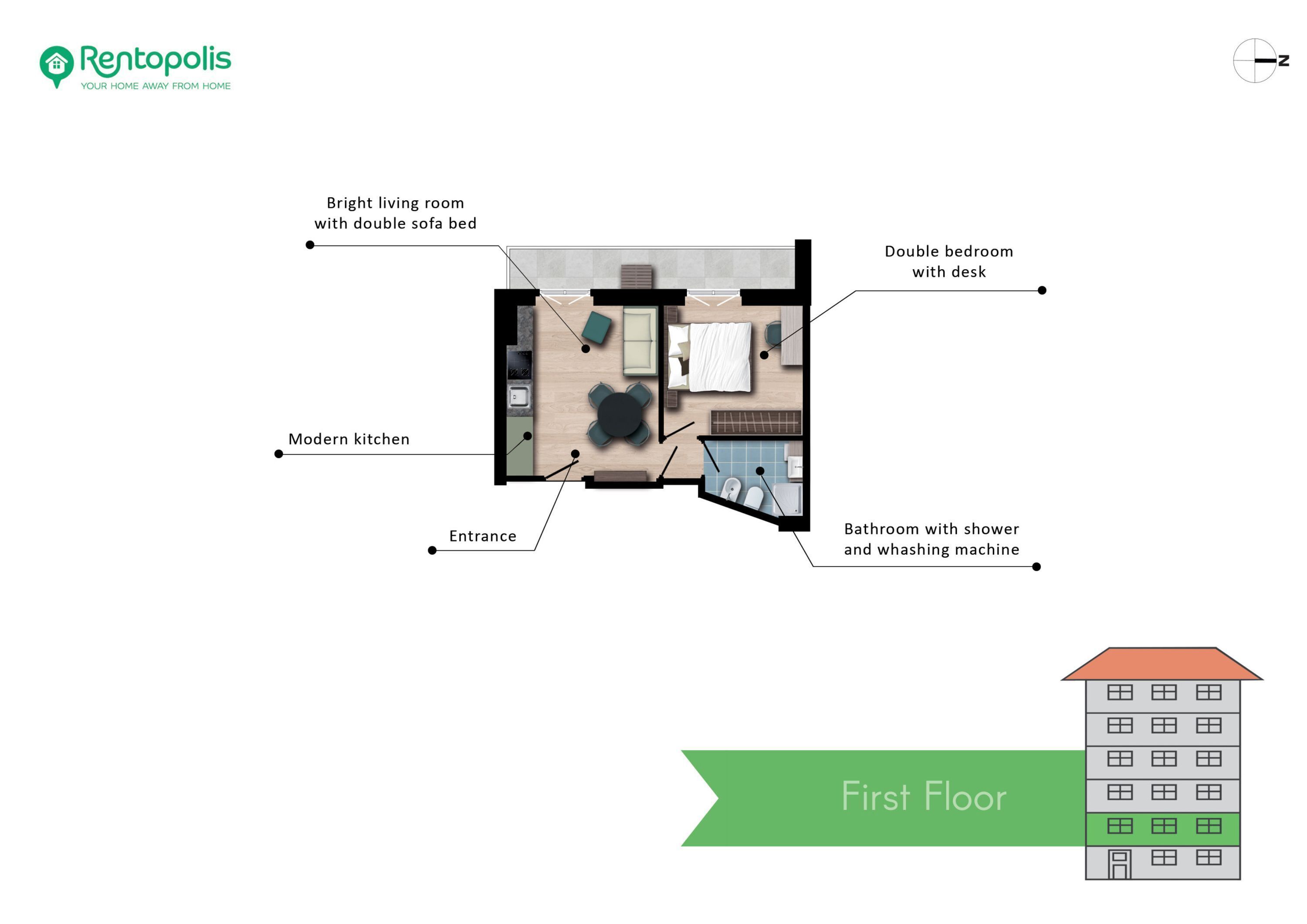Distribución de un apartamento en la primera planta con un salón luminoso, habitación doble con escritorio, cocina moderna y baño con ducha y lavadora.