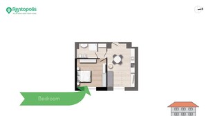Plano de planta en 2D de un apartamento del segundo piso, con dormitorio, cocina y sala de estar.
