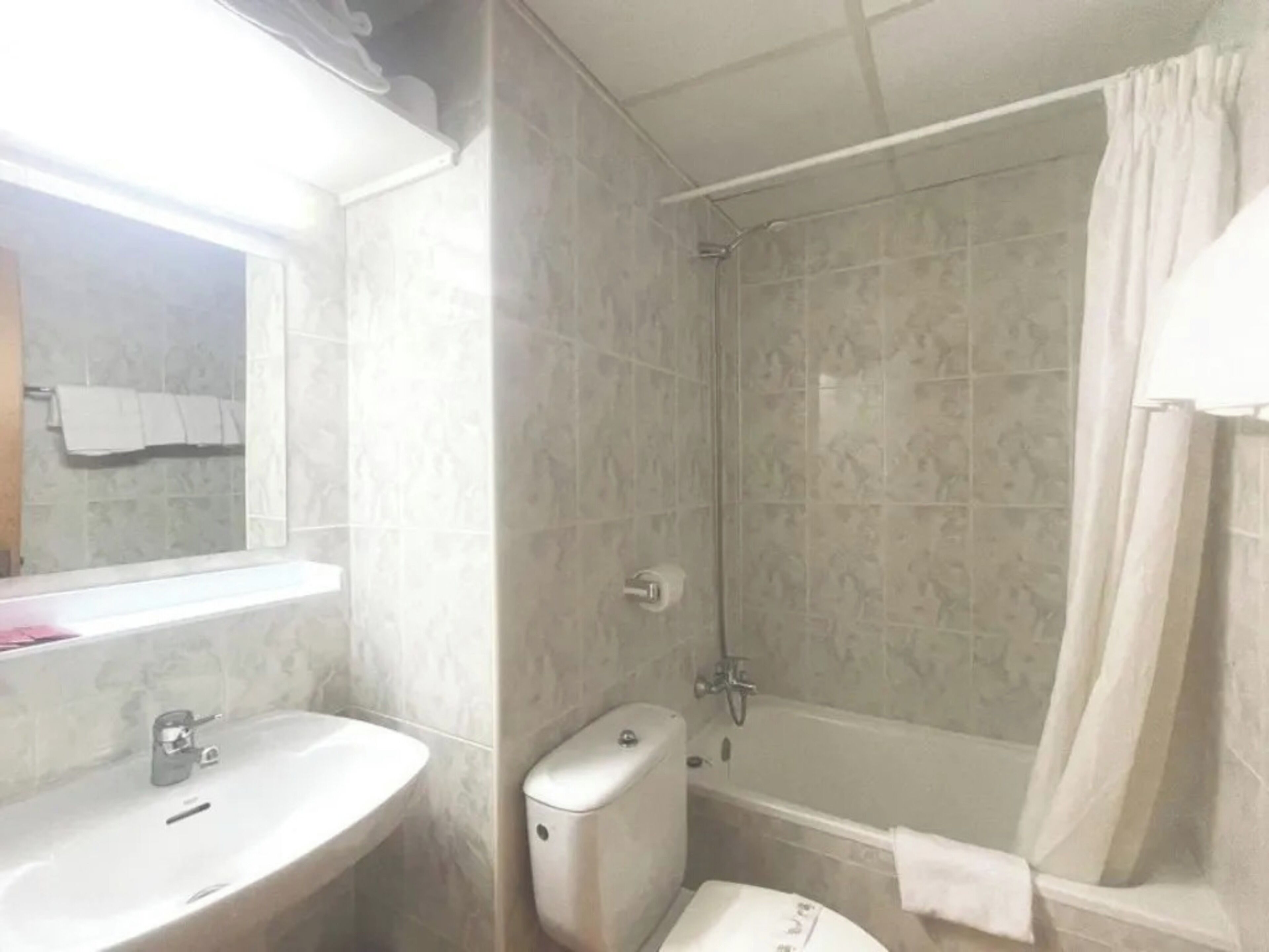 Une salle de bain avec un lavabo, des toilettes et une douche.