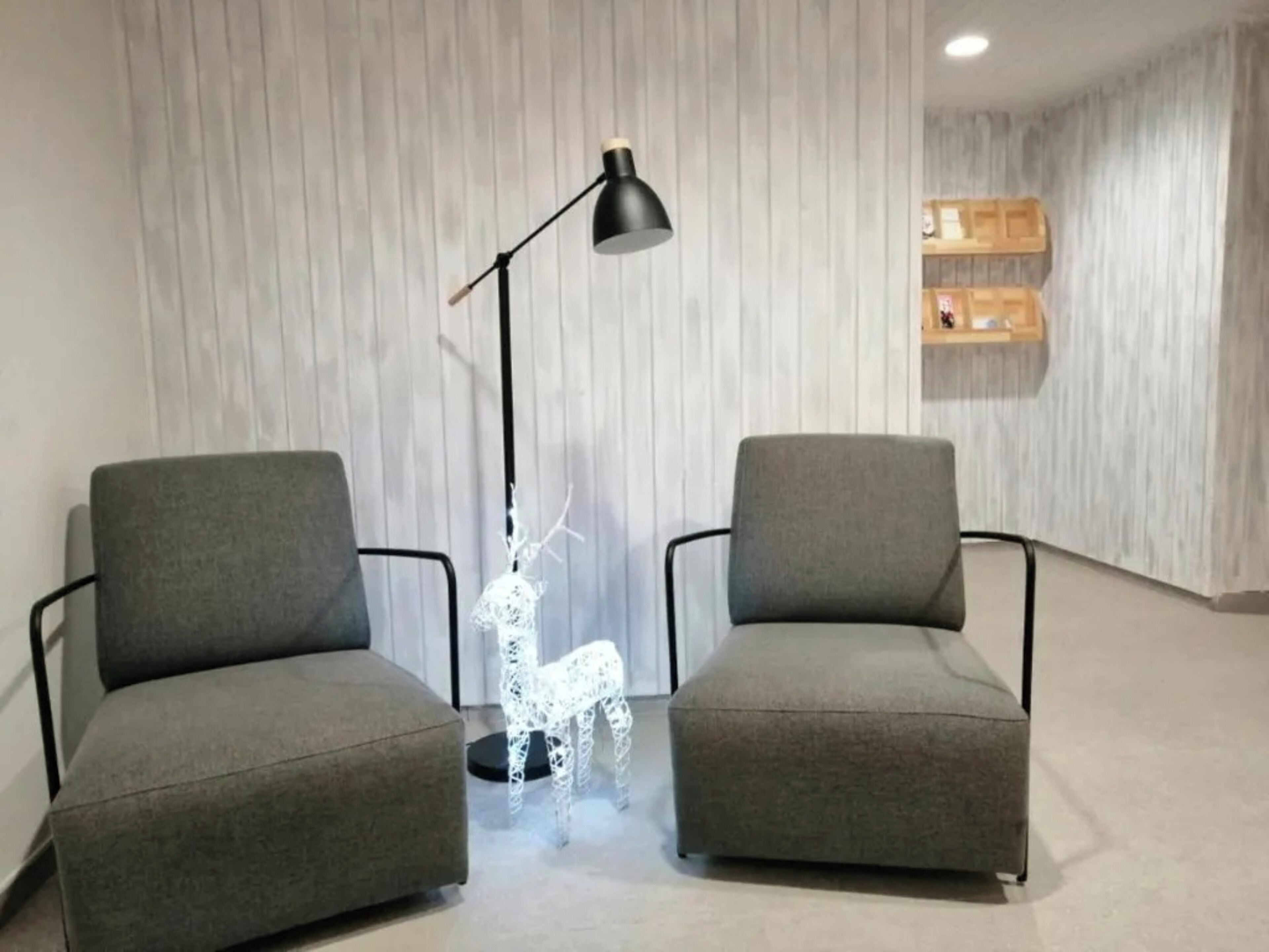 Dos sillones grises enfrentados, con una lámpara de pie negra en el medio.