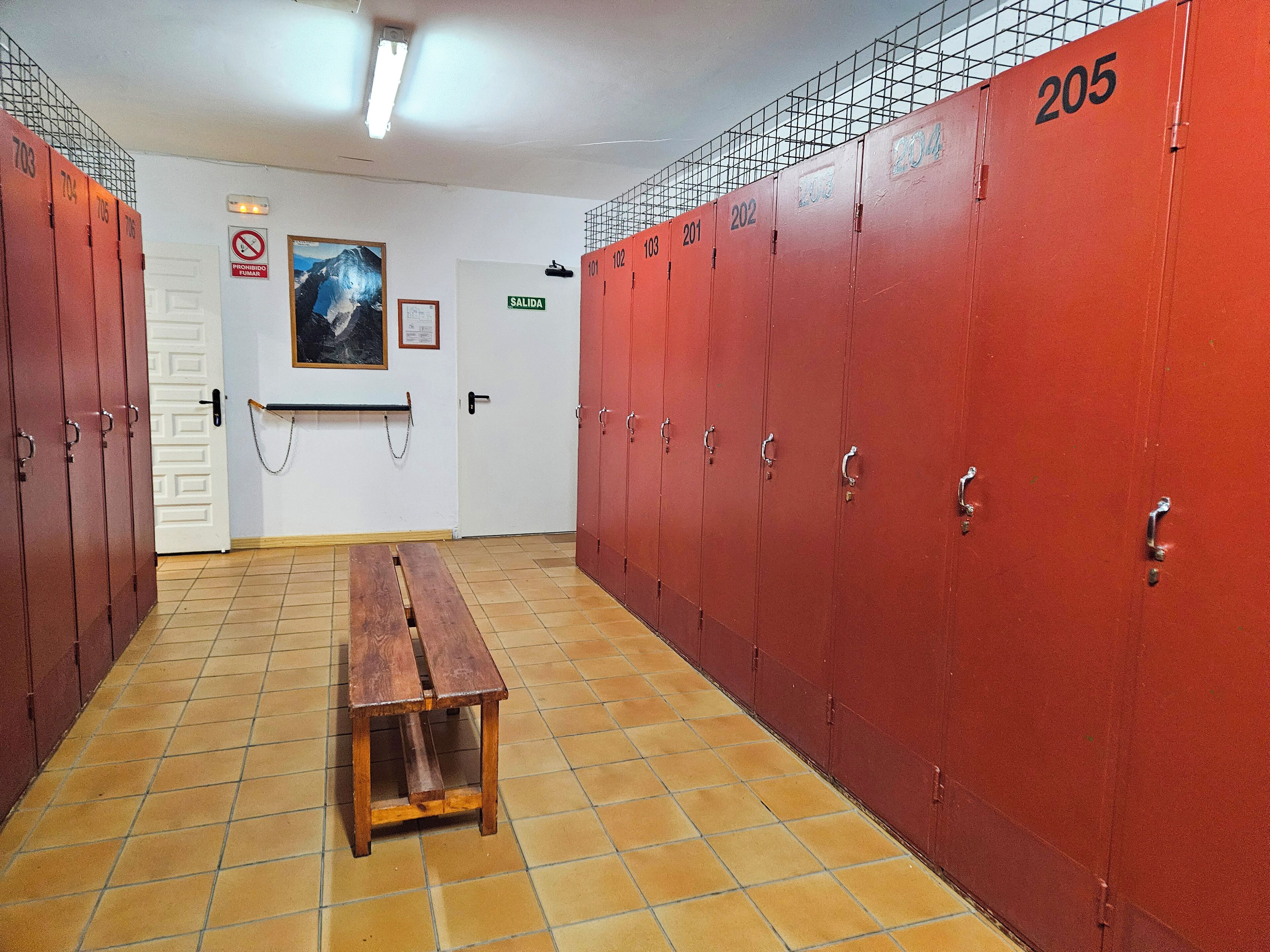 A row of lockers with numbers, a wooden bench, a door with a sign, and a framed picture on the wall.