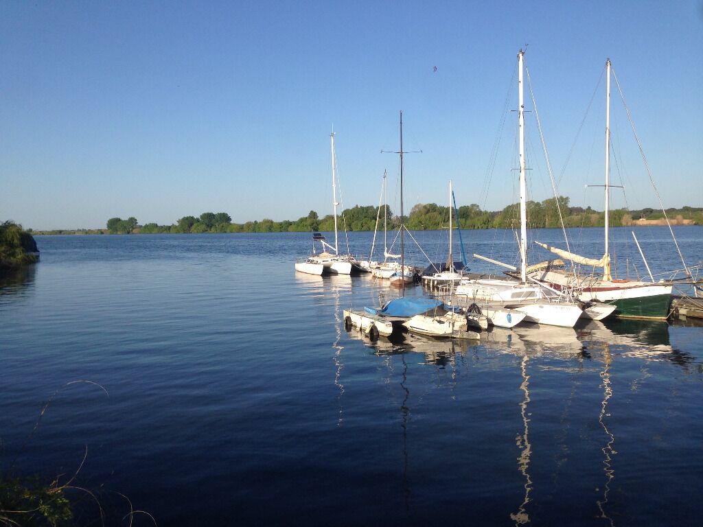A calm harbor with several sailboats docked.