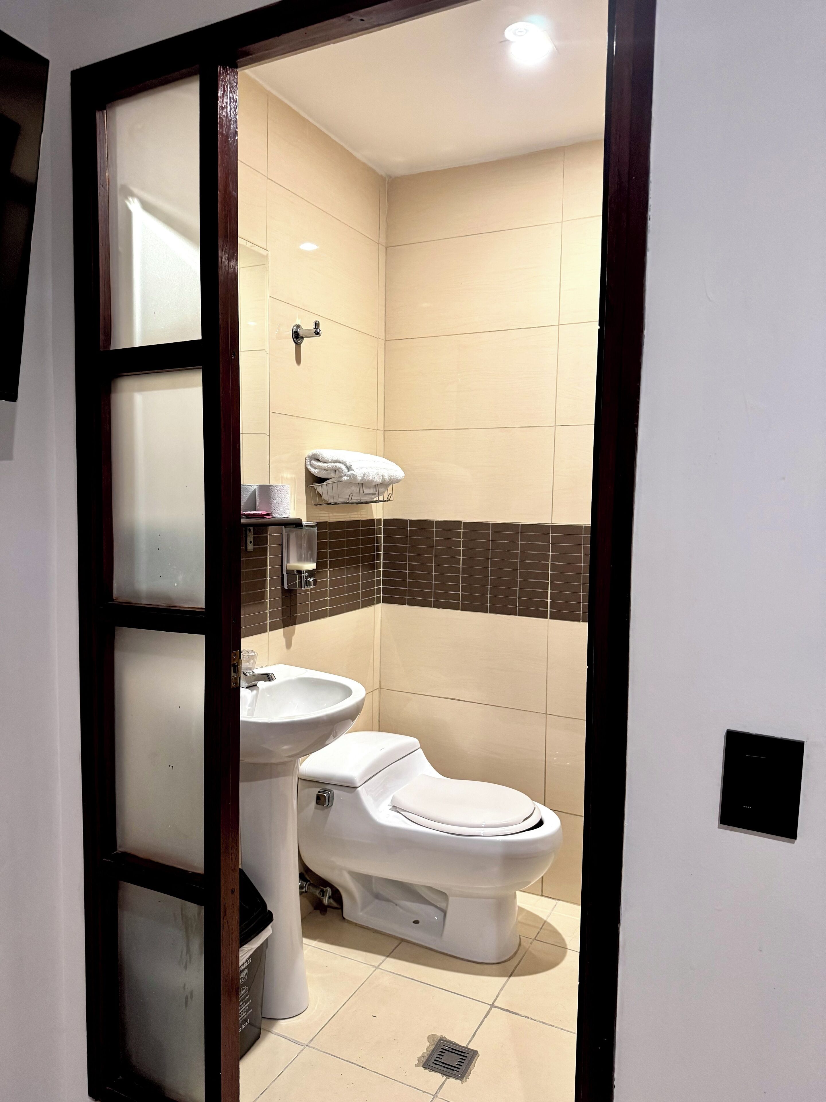 A bathroom with a toilet, sink, and towel rack.