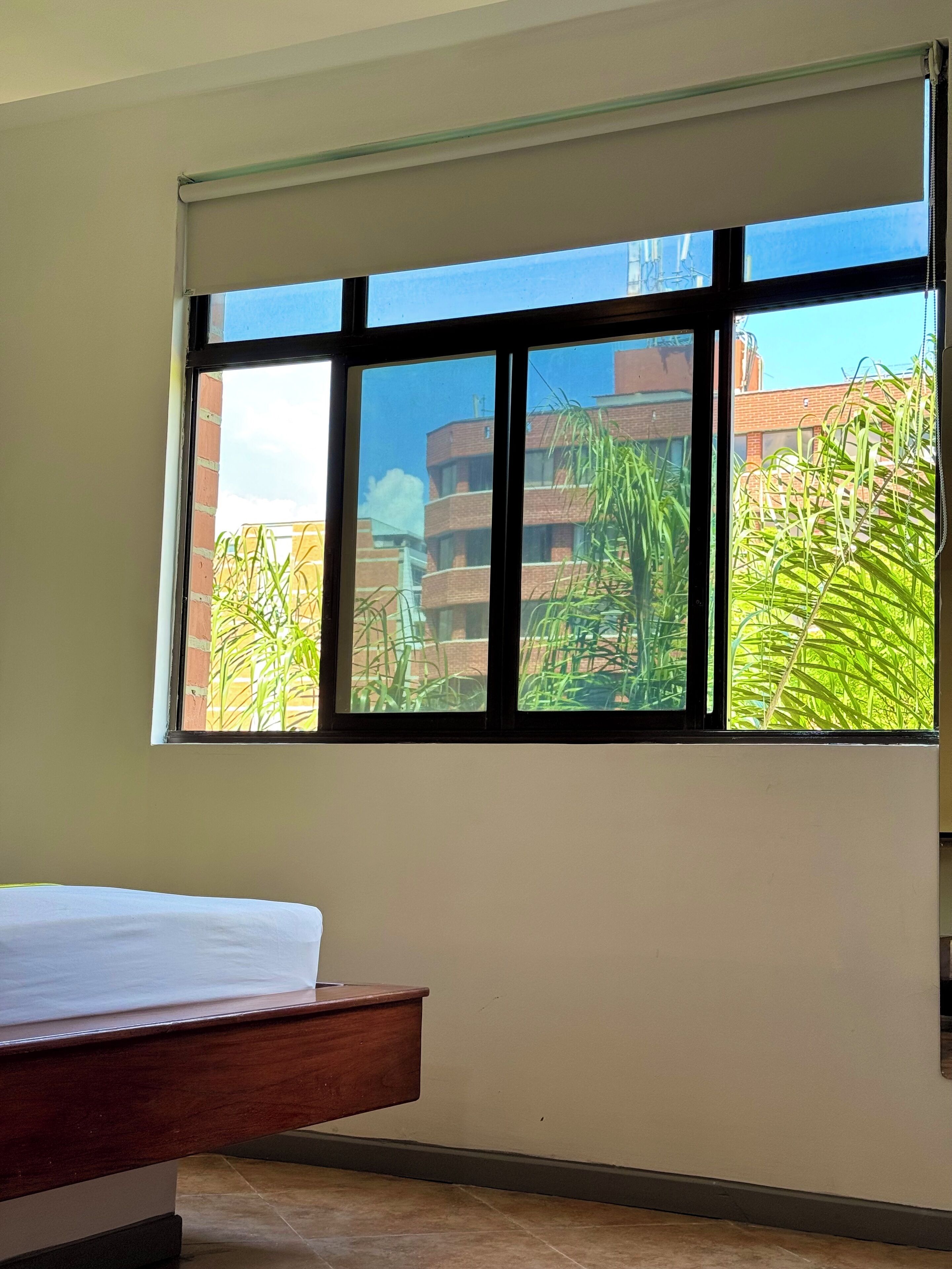 A room with a bed, a window with a view of buildings and plants, and a ceiling with a light fixture.