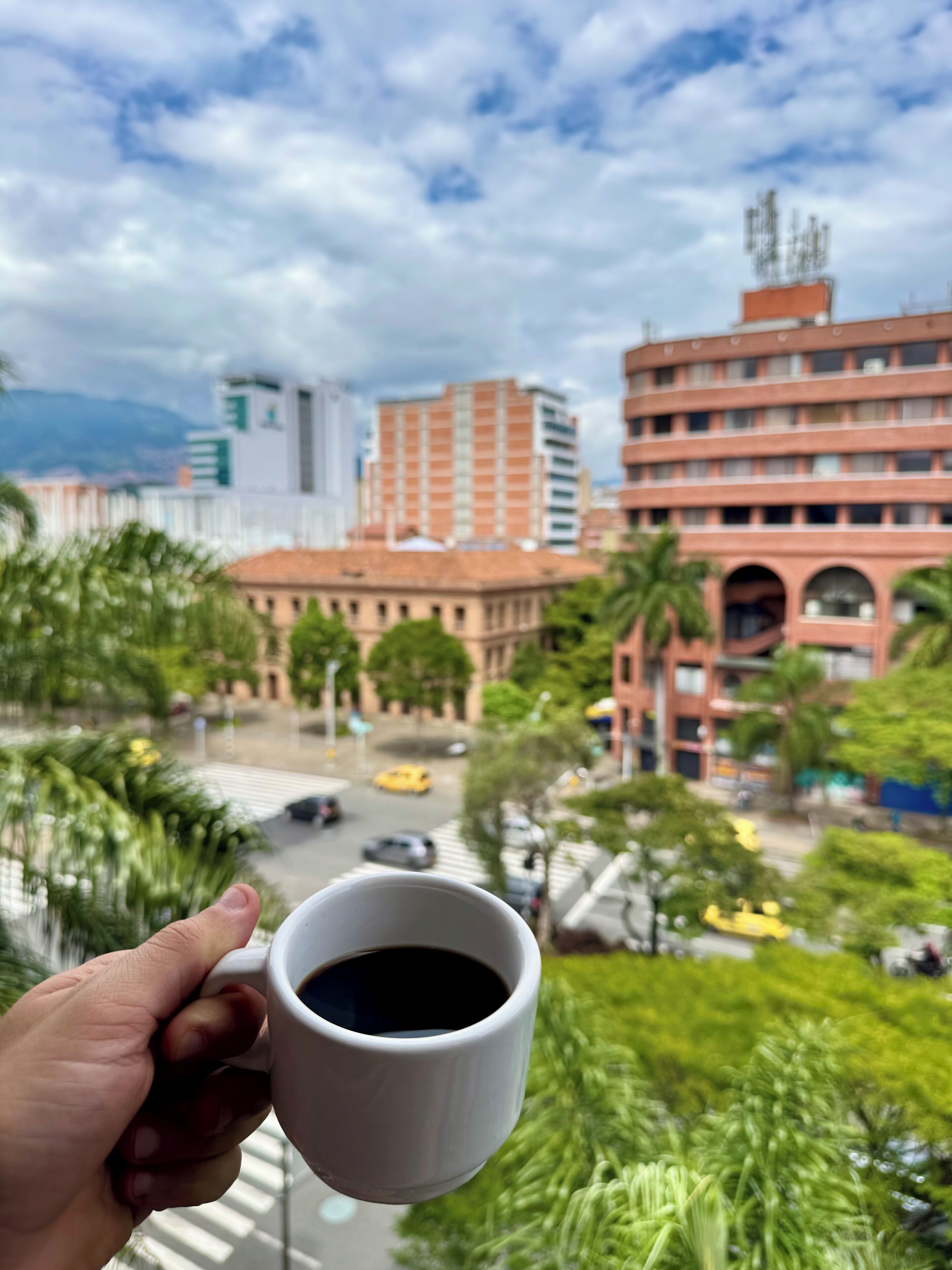 A hand holding a white mug with a beverage, overlooking a cityscape with buildings and greenery.