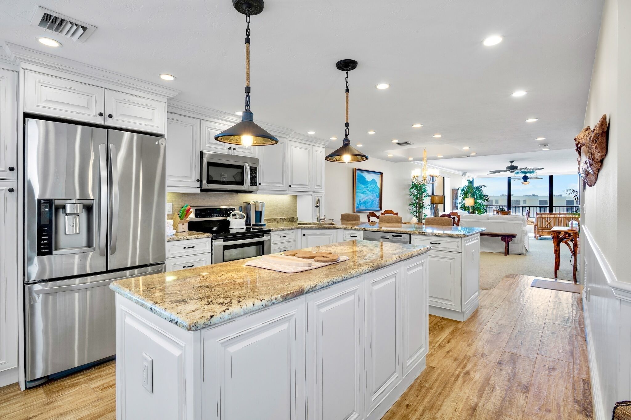 Fridge, coffee/tea maker, cookware/dishes/utensils