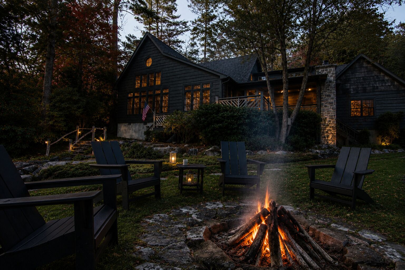 A cabin with a fire pit, outdoor seating, and a stone staircase leading to the entrance.