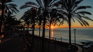 A sunset view along a palm tree-lined promenade by the sea. - Your Dream Vacation (Marbella)