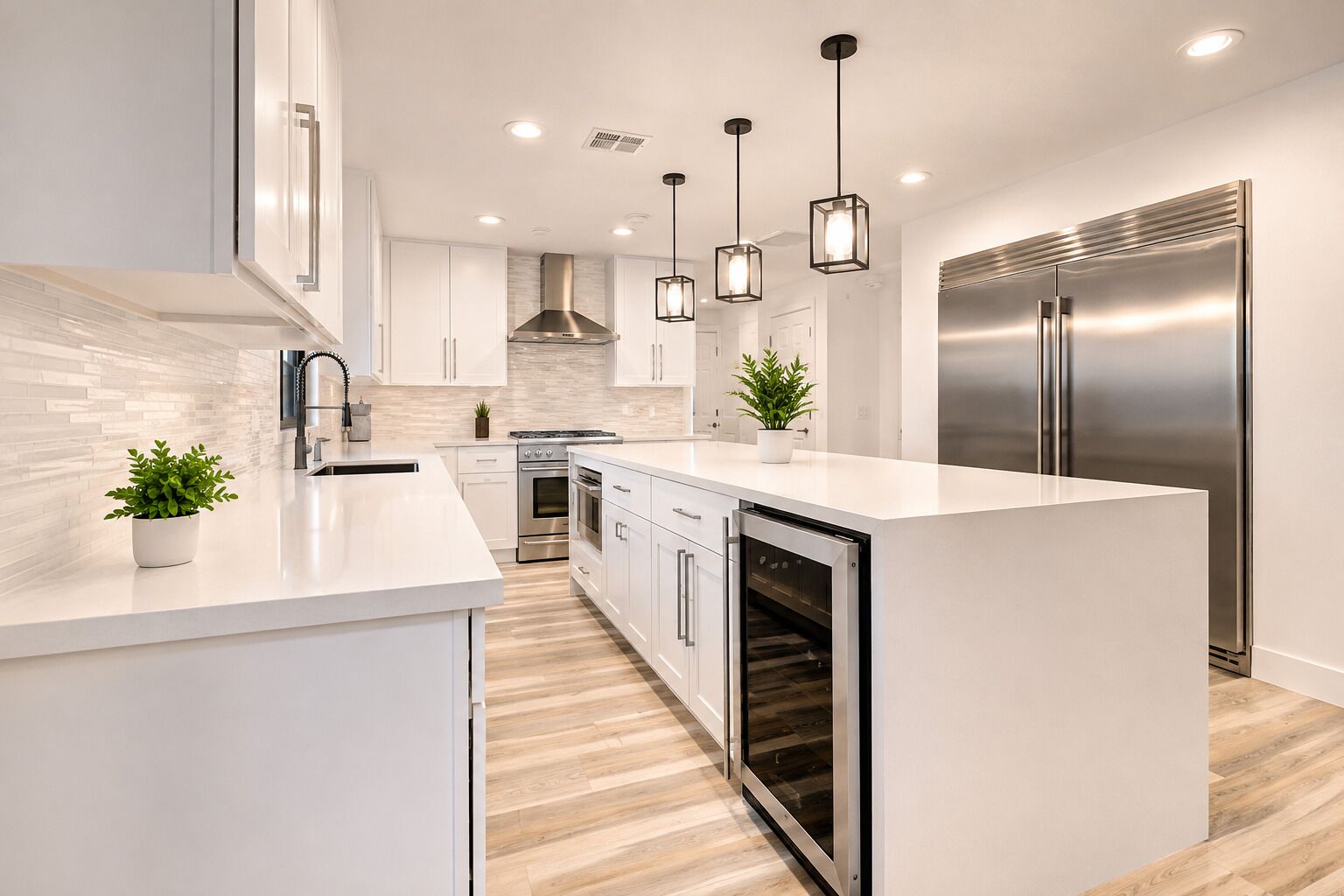 A modern kitchen with white cabinetry, stainless steel appliances, and a central island.